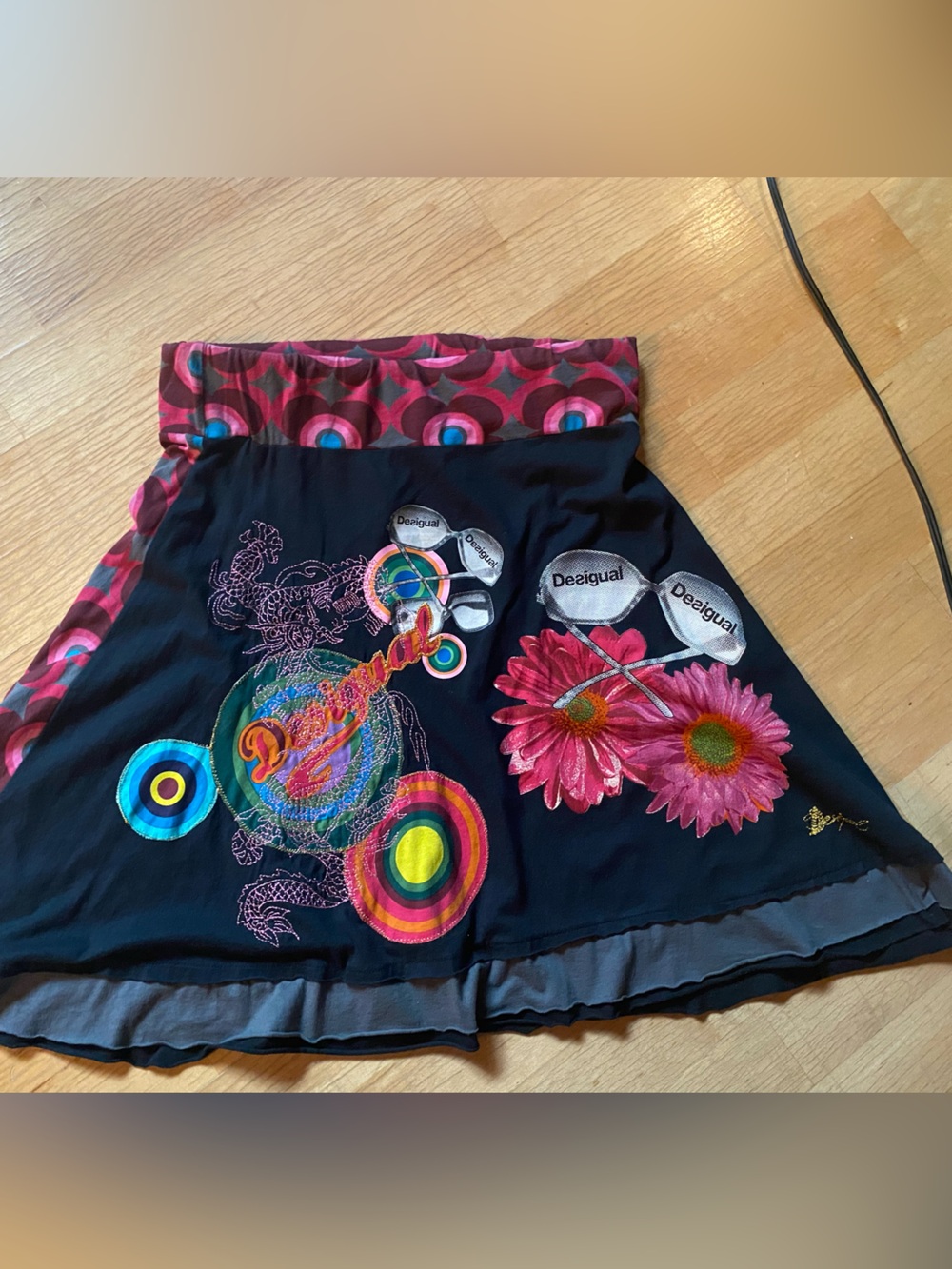 Desigual Black Skirt with Pink Floral & Multicolor Target Prints